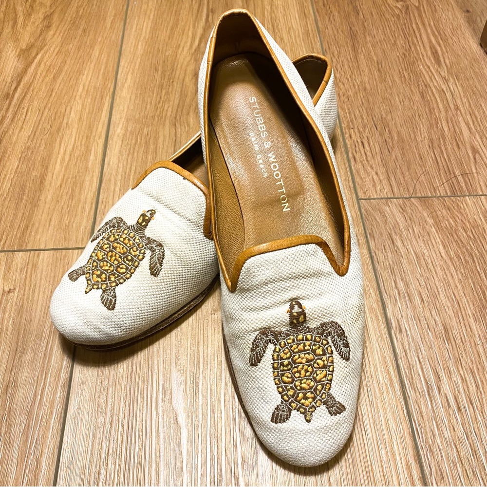 Stubbs & Wootton Needlepoint Woven Tapestry White Turtle Loafers 8